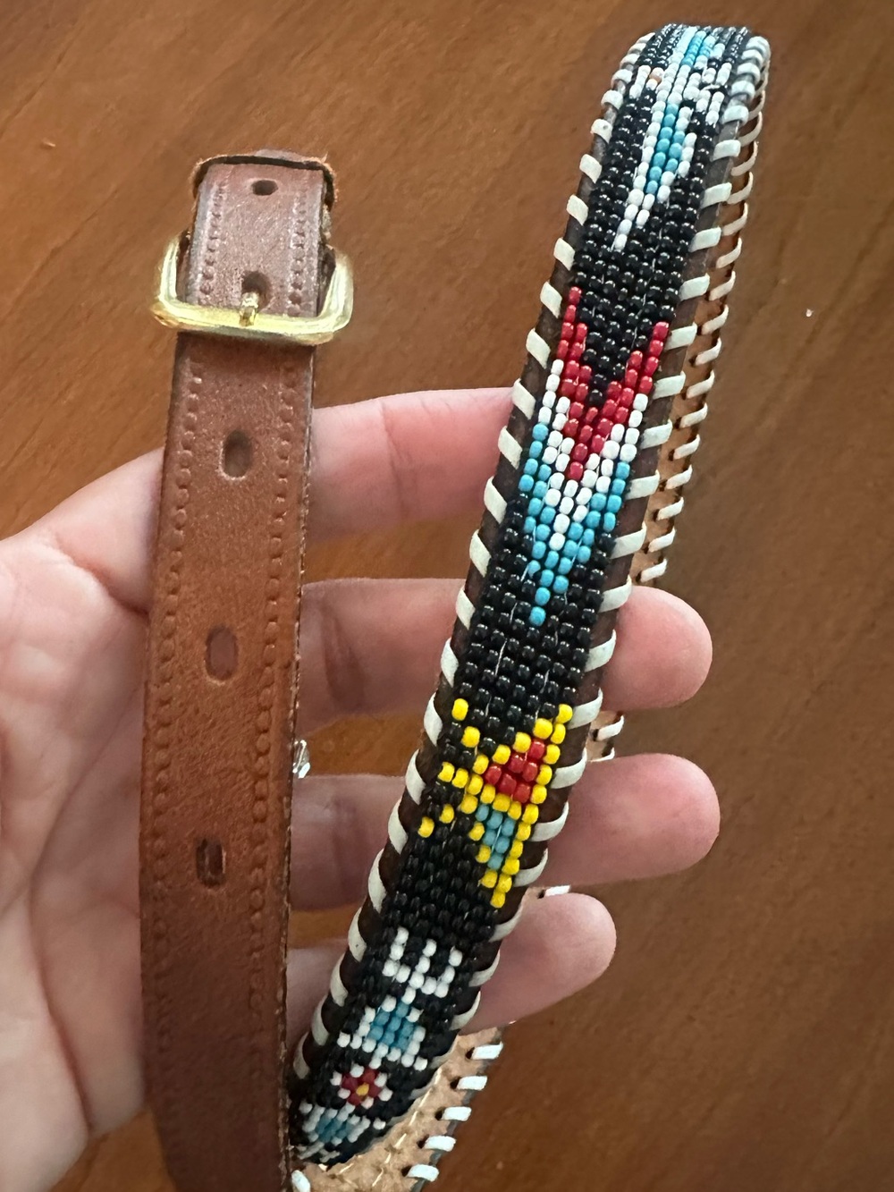 Vintage Hand Beaded Leather Southwestern Belt Size 38 Black Brown Western Boho